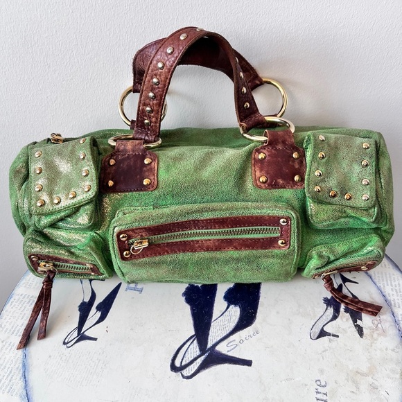 Vintage Y2K Betsey Johnson Metallic Green Leather Studded Cargo Bag - Picture 16 of 16